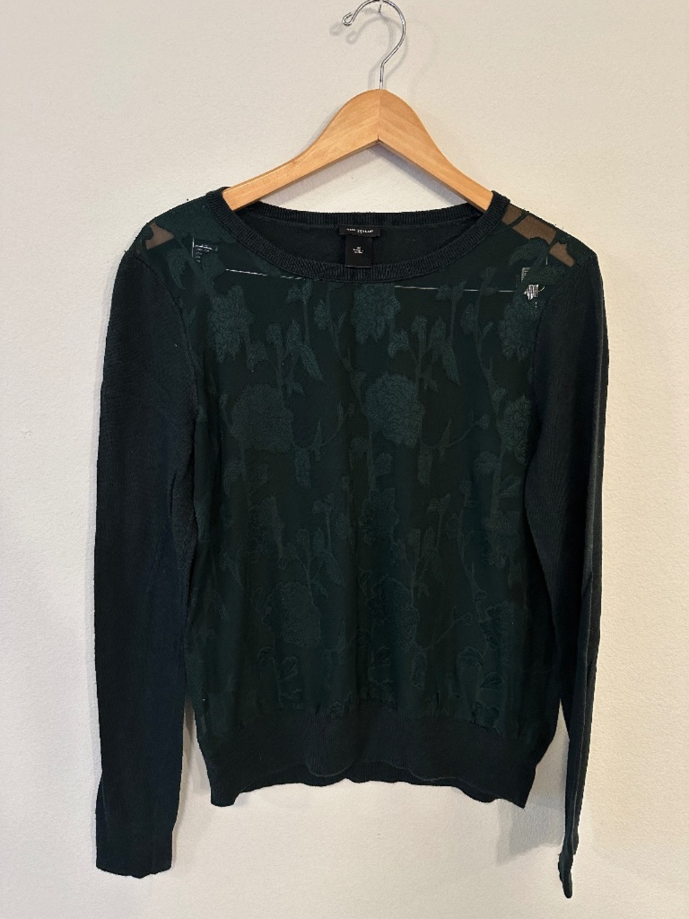 Ann Taylor Dark Green Floral Burnout Mesh Yoke Mixed Media Sweater Women's M